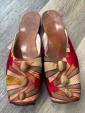 Vintage Red Silk Embroidered Slip-On Mules with Button Detail.